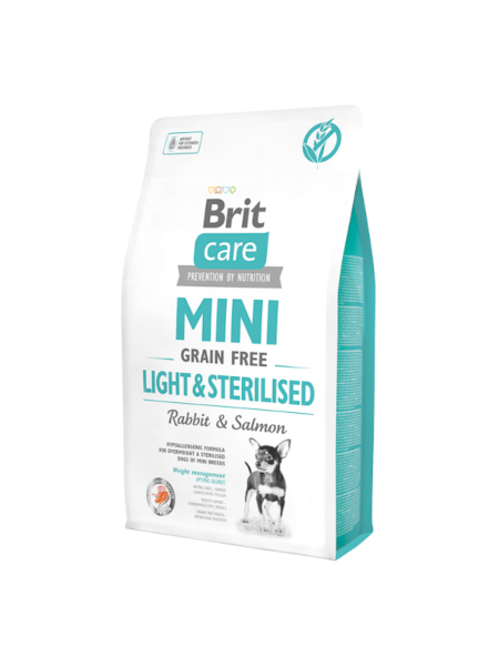 Brit Care Mini Grain Free Light & Sterilised 2KG, iepure si somon - hrana uscata caini talie mica